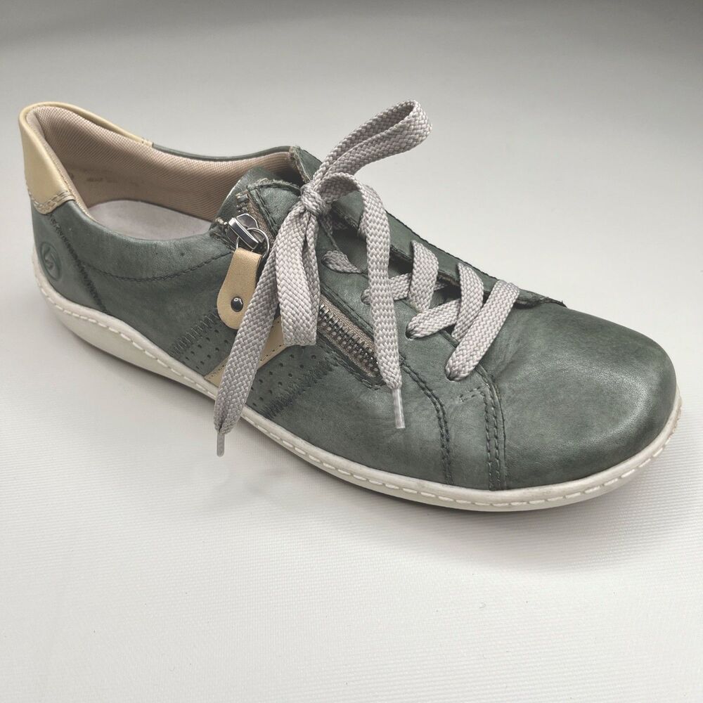 Remonte Womens 9 EU 40 Green Liv Leather Lace Up Sneaker Shoes Side Zip Comfort